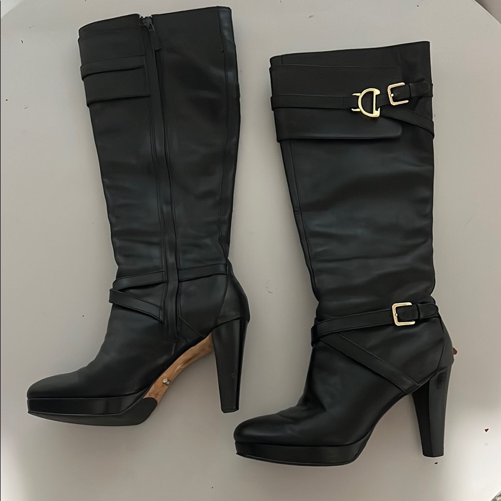 Cole Haan Black Leather Knee-High Heeled Boots with Gold Buckle Accents